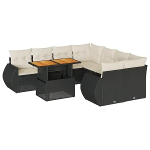 9-delige Loungeset met kussens poly rattan zwart 9-delige Loungeset met kussens poly rattan zwart