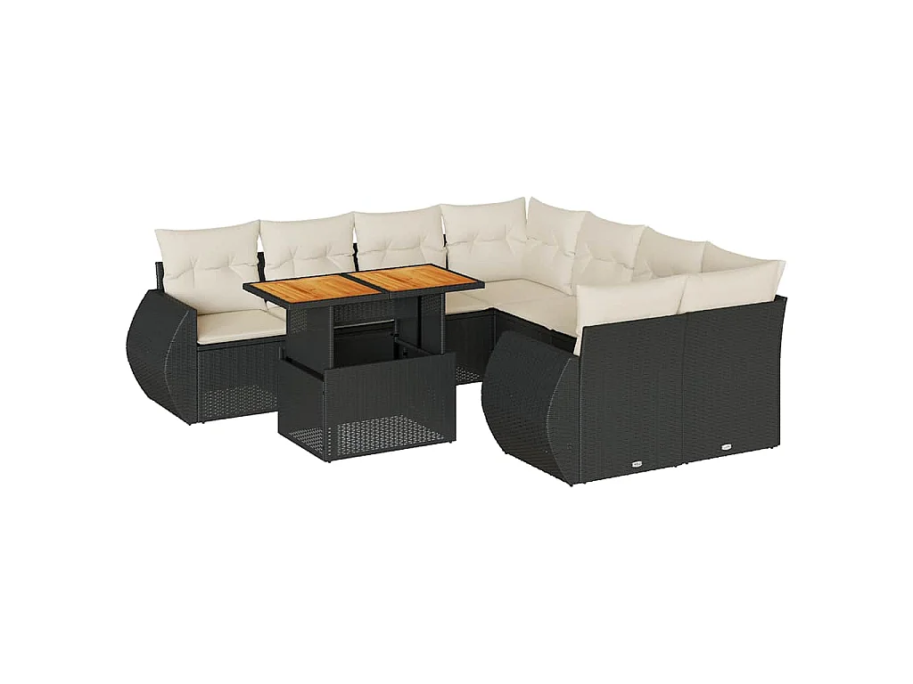 9-delige Loungeset met kussens poly rattan zwart
