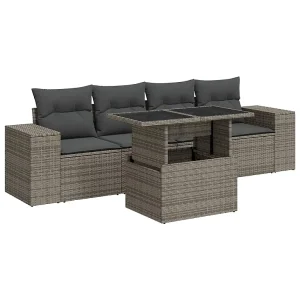 5-delige Loungeset met kussens poly rattan grijs 5-delige Loungeset met kussens poly rattan grijs