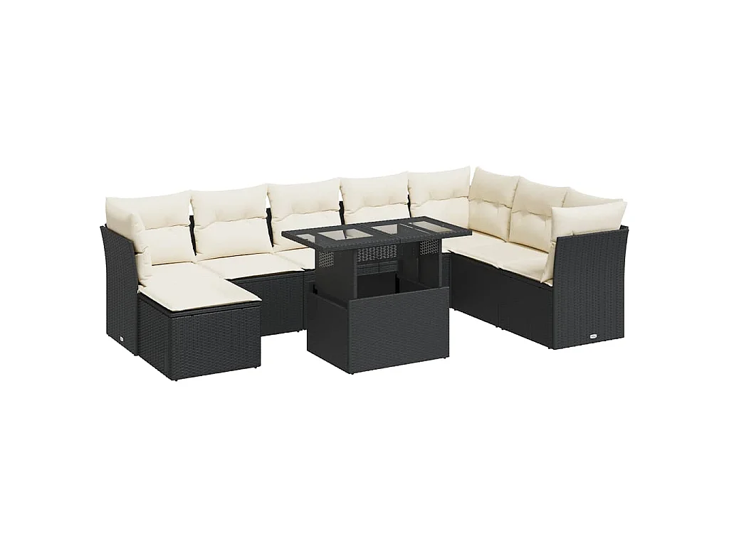 9-delige Loungeset met kussens poly rattan zwart