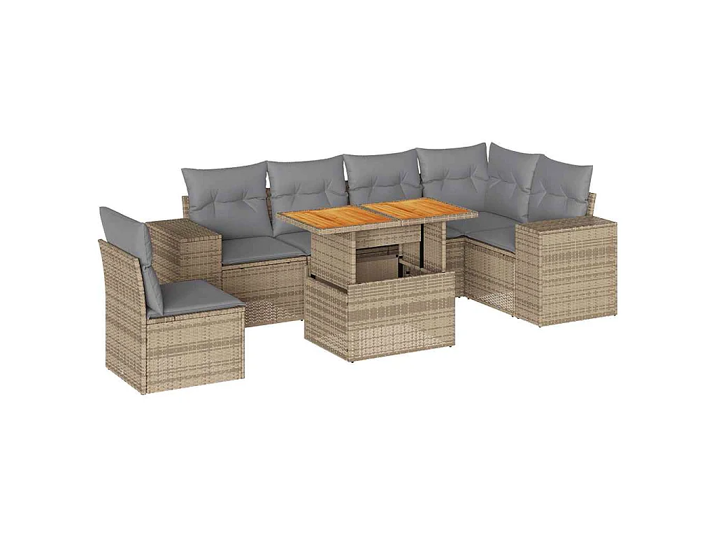 7-delige Loungeset met kussens poly rattan beige