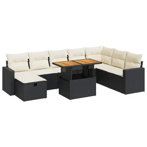 9-delige Loungeset met kussens poly rattan acacia zwart 9-delige Loungeset met kussens poly rattan acacia zwart