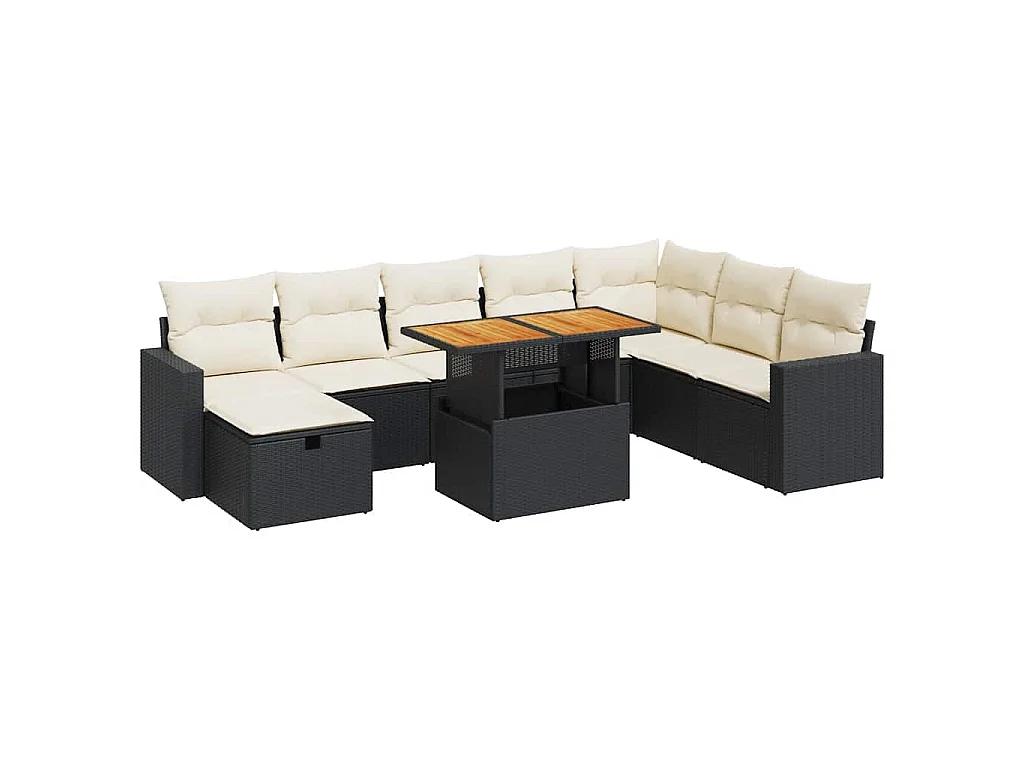 9-delige Loungeset met kussens poly rattan acacia zwart