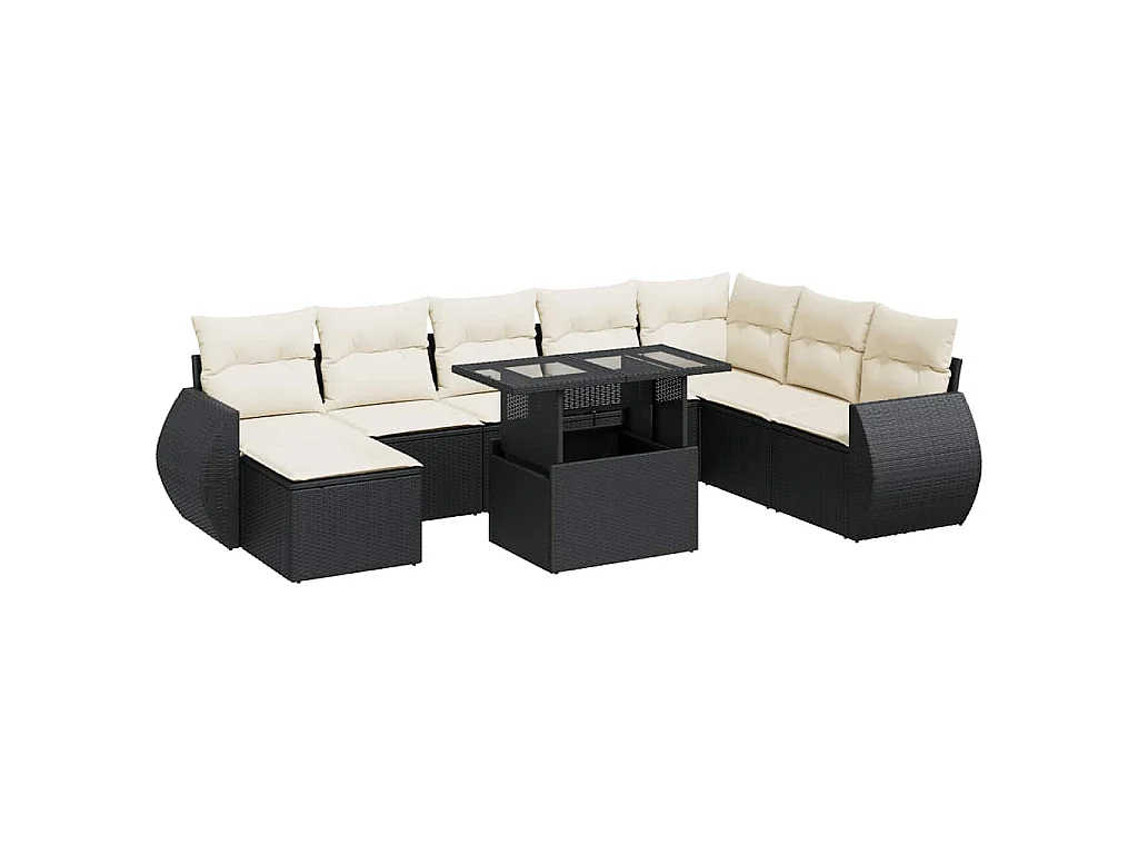 9-delige Loungeset met kussens poly rattan zwart