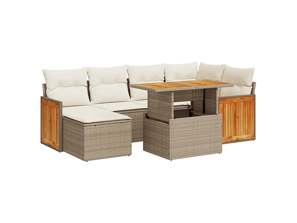 7-delige Loungeset met kussens poly rattan acacia beige