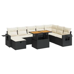 9-delige Loungeset met kussens poly rattan acacia zwart 9-delige Loungeset met kussens poly rattan acacia zwart