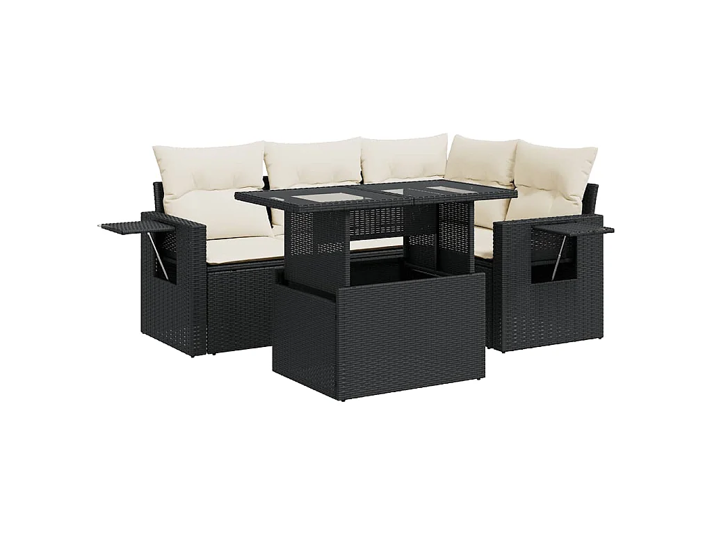 5-delige Loungeset met kussens poly rattan zwart