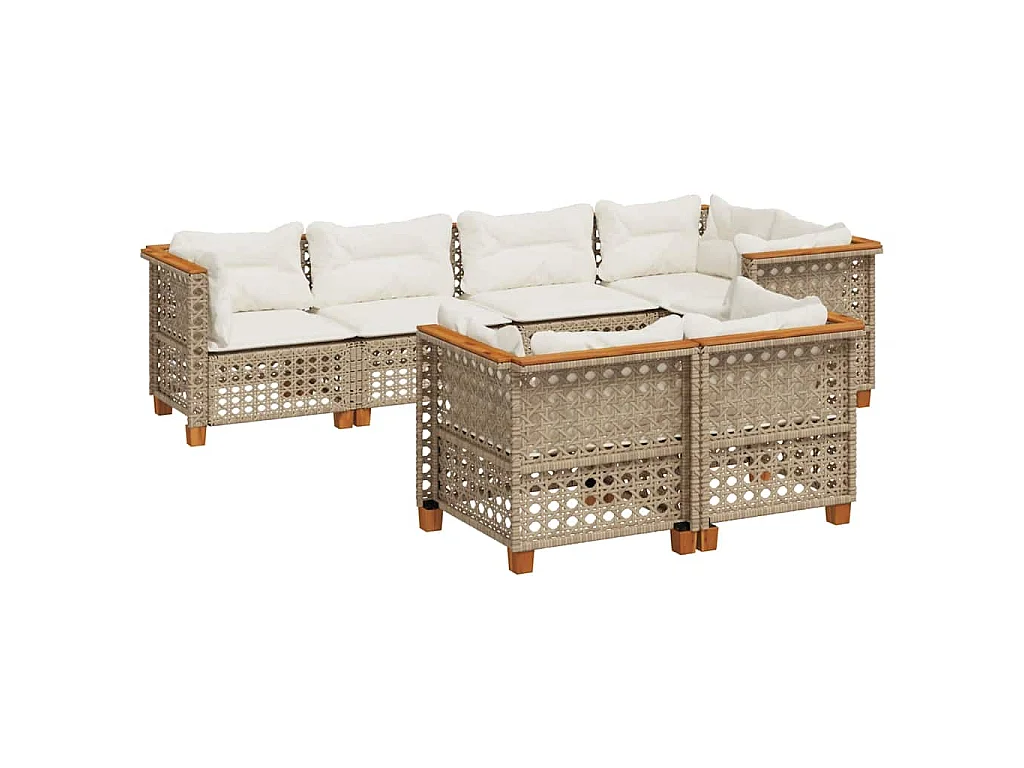 7-delige Loungeset met kussens poly rattan beige