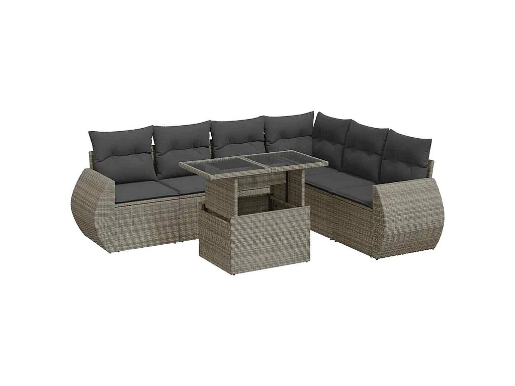7-delige Loungeset met kussens poly rattan grijs