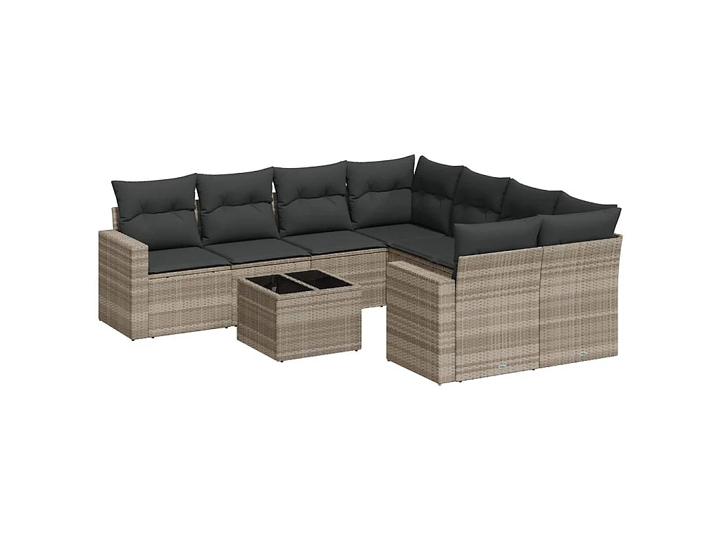 9-delige Loungeset met kussens poly rattan lichtgrijs