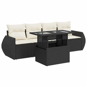 5-delige Loungeset met kussens poly rattan zwart 5-delige Loungeset met kussens poly rattan zwart