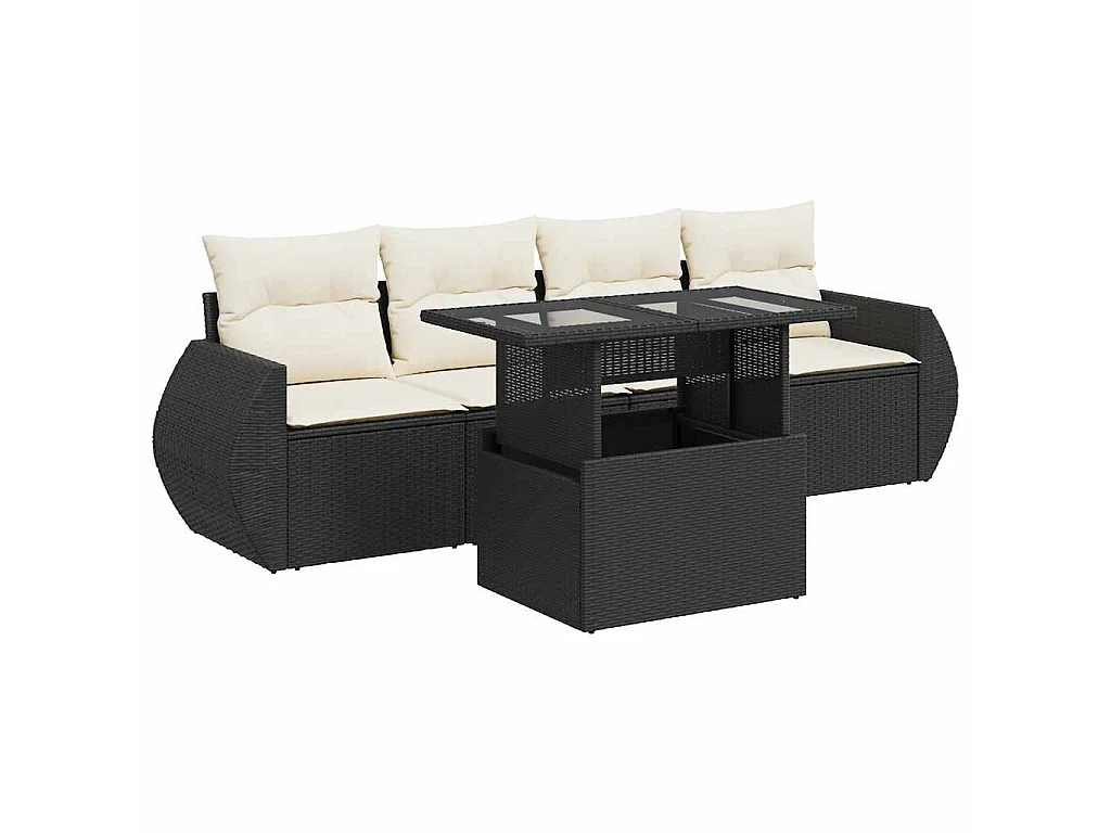 5-delige Loungeset met kussens poly rattan zwart