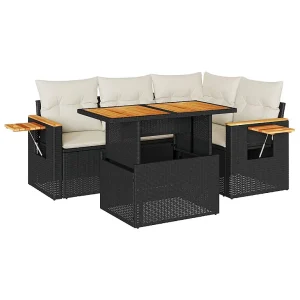 5-delige Loungeset met kussens poly rattan acacia zwart