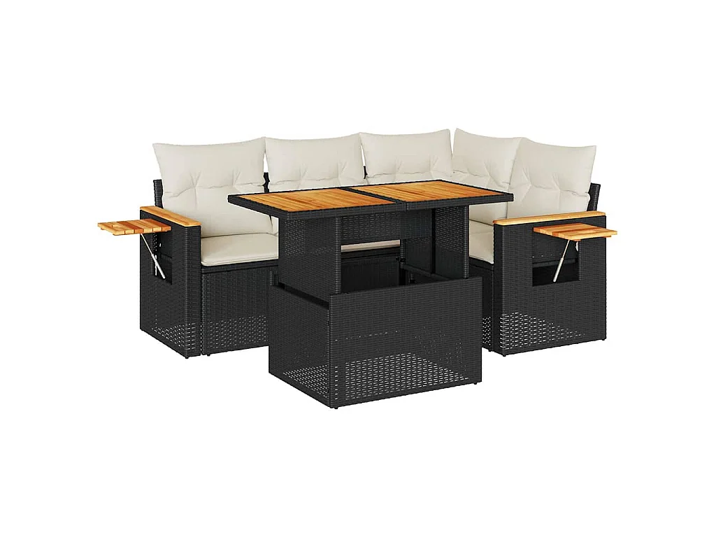 5-delige Loungeset met kussens poly rattan acacia zwart