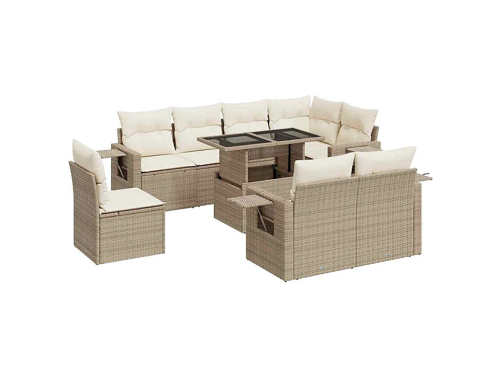 9-delige Loungeset met kussens poly rattan beige