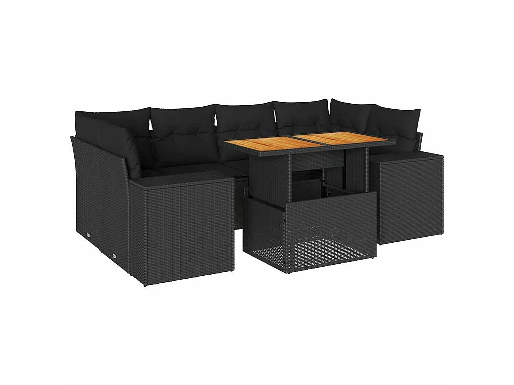 7-delige Loungeset met kussens poly rattan zwart