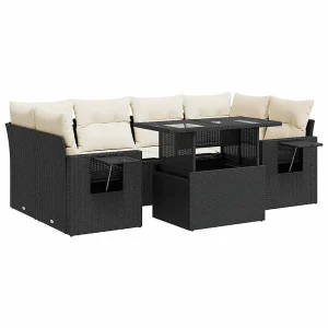 7-delige Loungeset met kussens poly rattan zwart 7-delige Loungeset met kussens poly rattan zwart