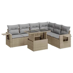 7-delige Loungeset met kussens poly rattan beige