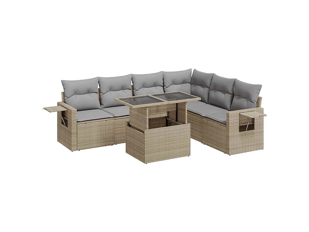 7-delige Loungeset met kussens poly rattan beige