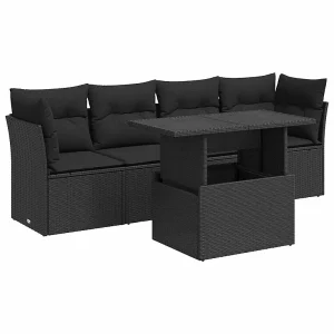5-delige Loungeset met kussens poly rattan zwart 5-delige Loungeset met kussens poly rattan zwart