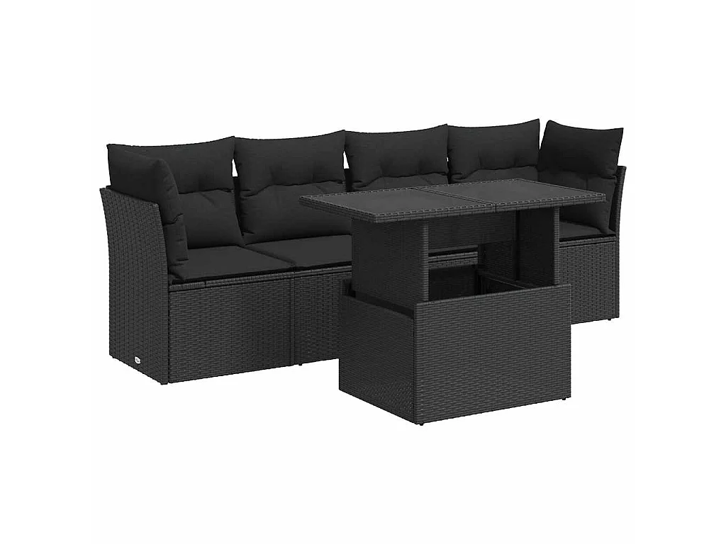 5-delige Loungeset met kussens poly rattan zwart