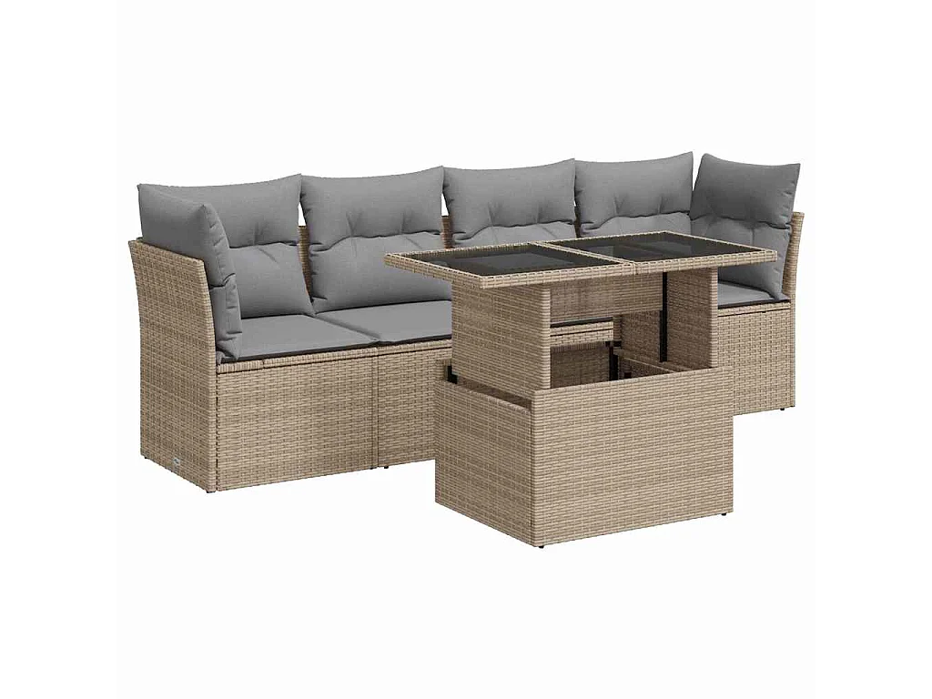 5-delige Loungeset met kussens poly rattan beige