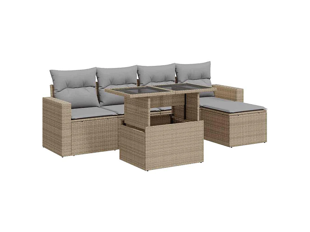 6-delige Loungeset met kussens poly rattan beige