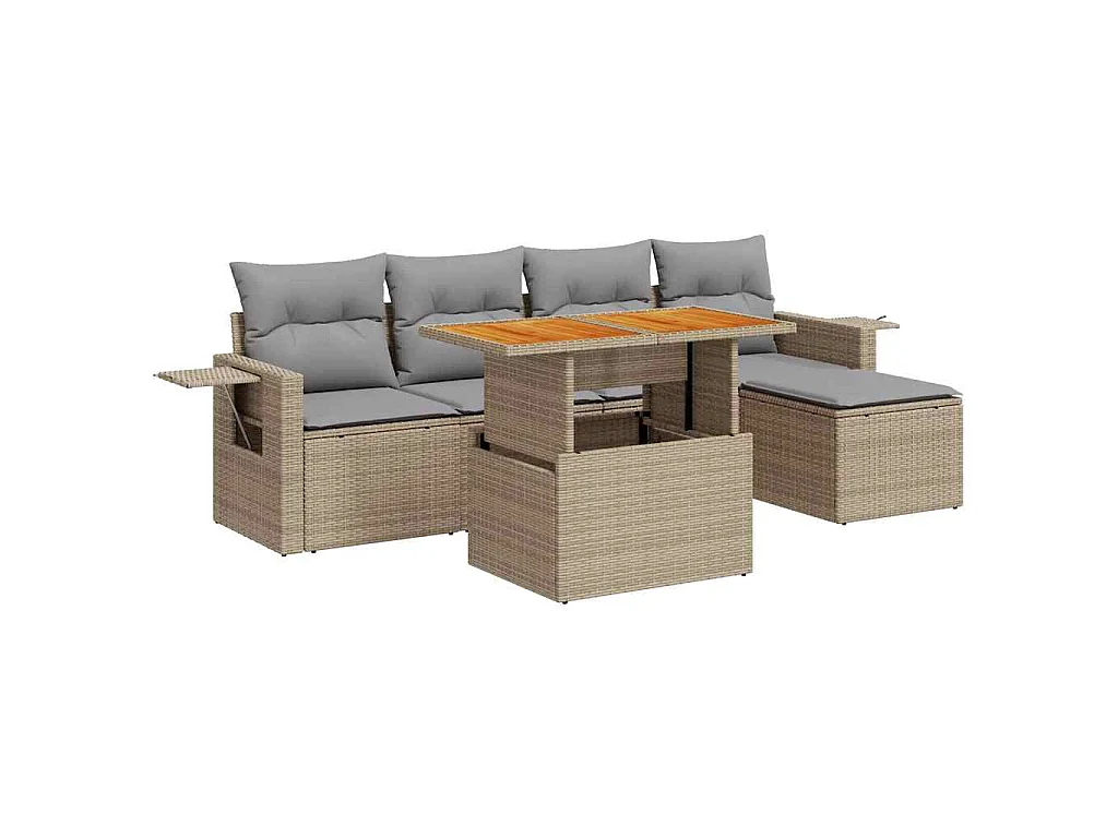6-delige Loungeset met kussens poly rattan beige