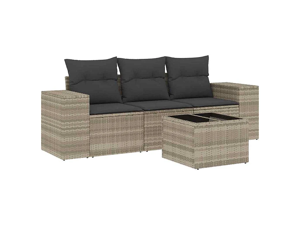 4-delige Loungeset met kussens poly rattan lichtgrijs