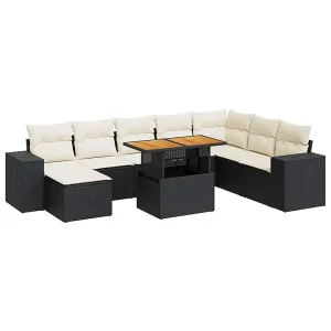 9-delige Loungeset met kussens poly rattan acacia zwart 9-delige Loungeset met kussens poly rattan acacia zwart