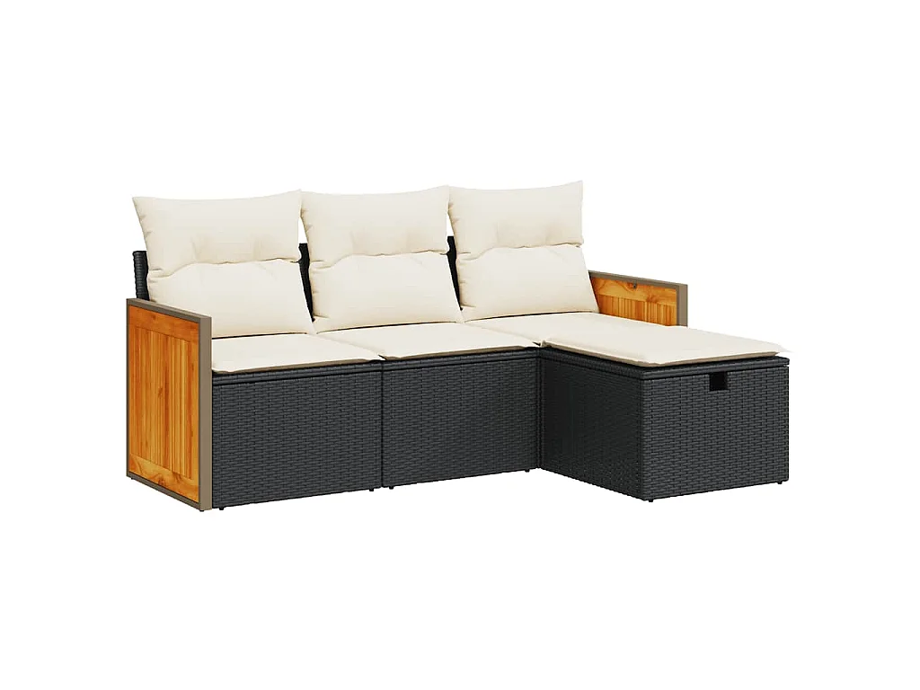 4-delige Loungeset met kussens poly rattan zwart