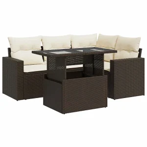 5-delige Loungeset met kussens poly rattan bruin