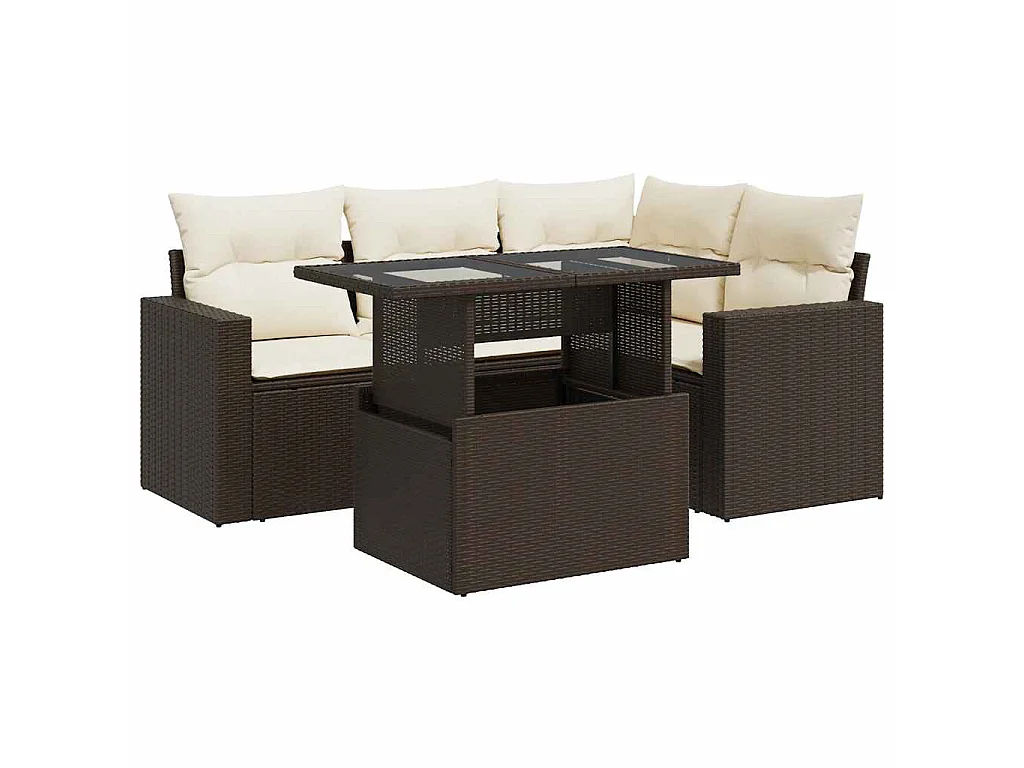 5-delige Loungeset met kussens poly rattan bruin