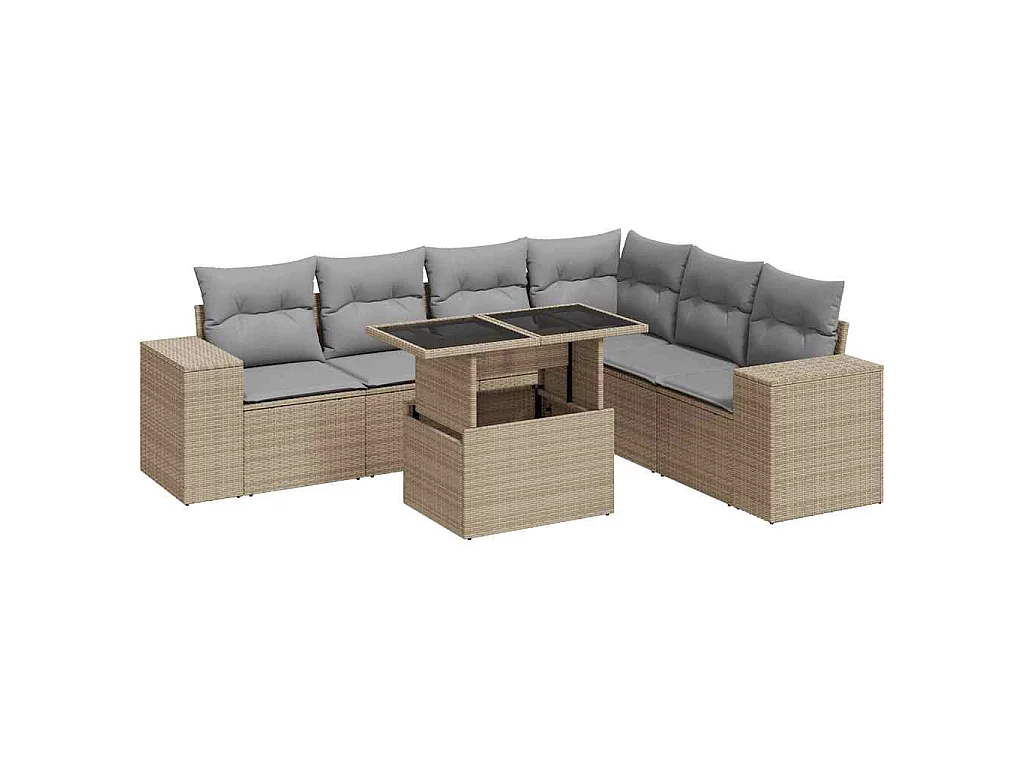 7-delige Loungeset met kussens poly rattan beige