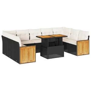 10-delige Loungeset met kussens poly rattan acacia zwart 10-delige Loungeset met kussens poly rattan acacia zwart