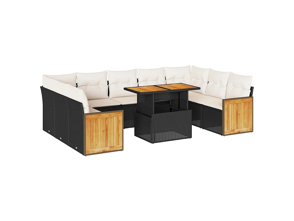 10-delige Loungeset met kussens poly rattan acacia zwart