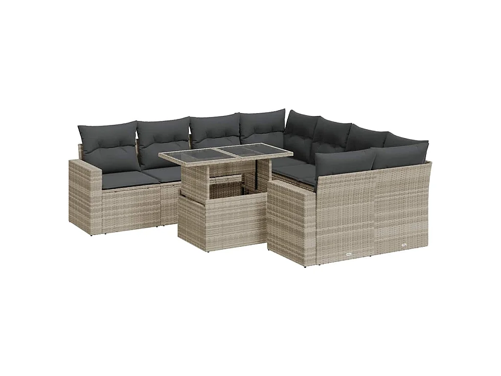 9-delige Loungeset met kussens poly rattan lichtgrijs