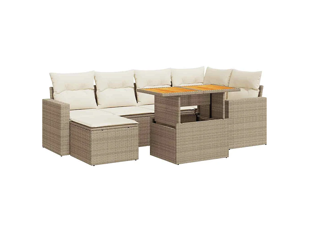7-delige Loungeset met kussens poly rattan beige
