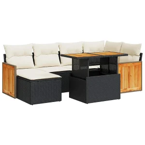 7-delige Loungeset met kussens poly rattan acacia zwart 7-delige Loungeset met kussens poly rattan acacia zwart