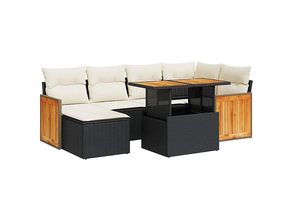 7-delige Loungeset met kussens poly rattan acacia zwart