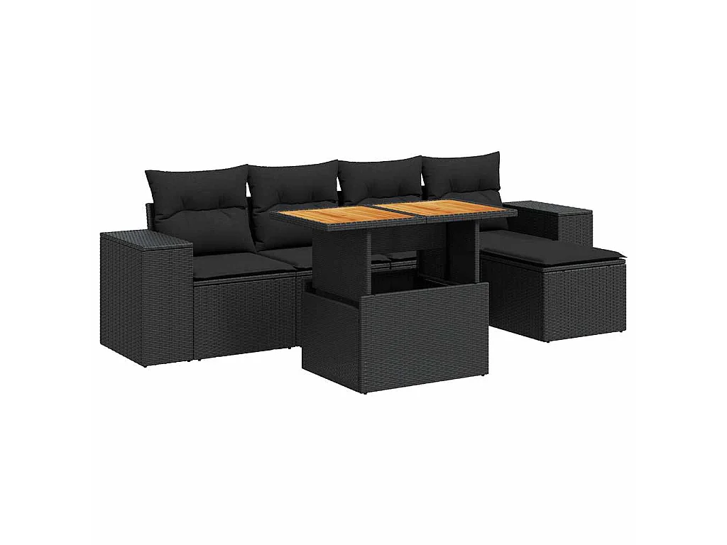6-delige Loungeset met kussens poly rattan zwart