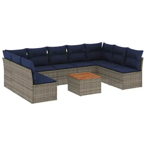 10-delige Loungeset met kussens poly rattan grijs