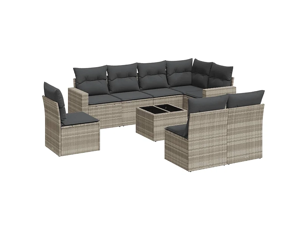 9-delige Loungeset met kussens poly rattan lichtgrijs