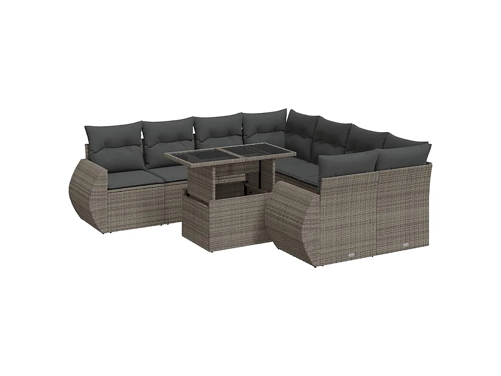 9-delige Loungeset met kussens poly rattan grijs