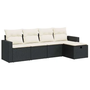 5-delige Loungeset met kussens poly rattan zwart