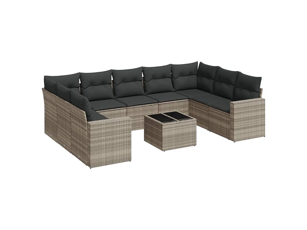 10-delige Loungeset met kussens poly rattan lichtgrijs