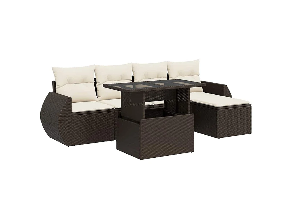 6-delige Loungeset met kussens poly rattan bruin