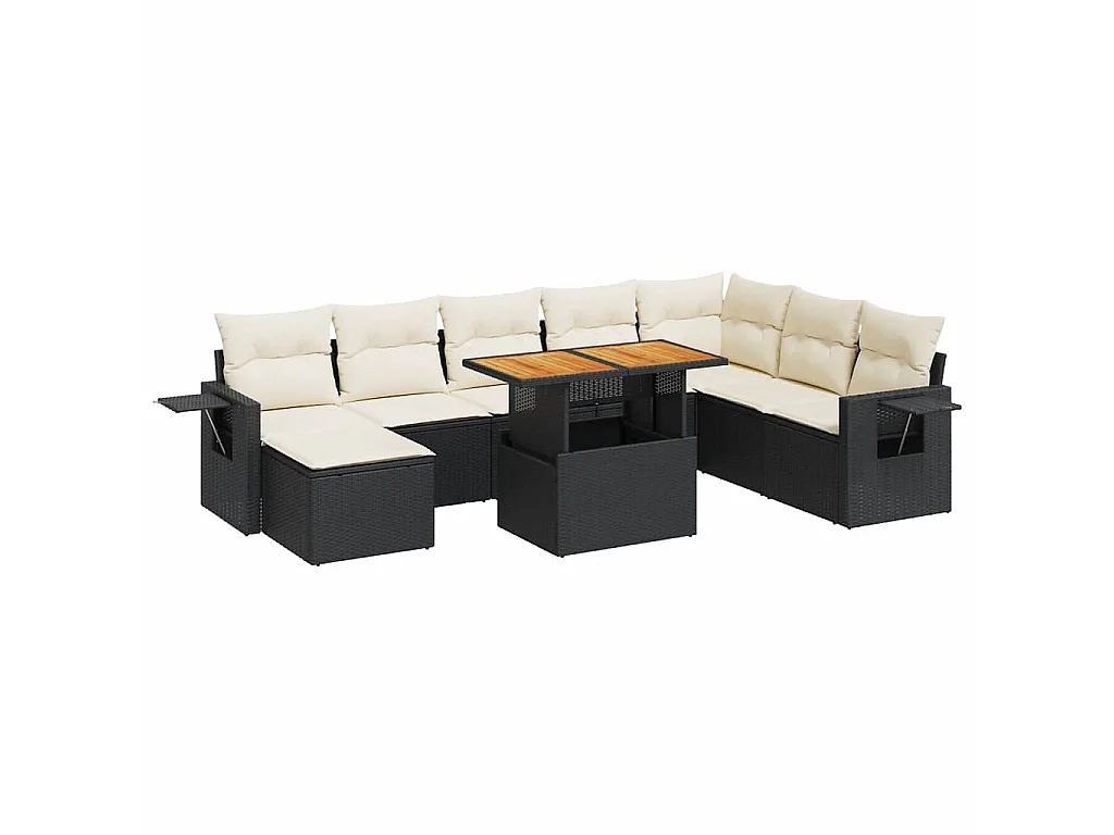9-delige Loungeset met kussens poly rattan zwart