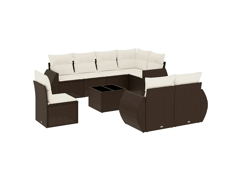 9-delige Loungeset met kussens poly rattan bruin