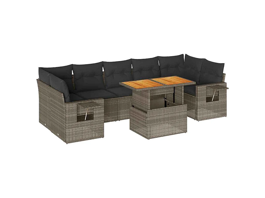 8-delige Loungeset met kussens poly rattan grijs